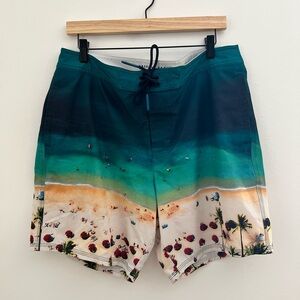 American Eagle Men’s Teal & Beach Print Board Swim Trunks Shorts